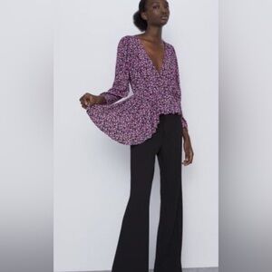 Zara Floral V-Neck Black and Pink Blouse With Single Side High Low Ruffle Size M